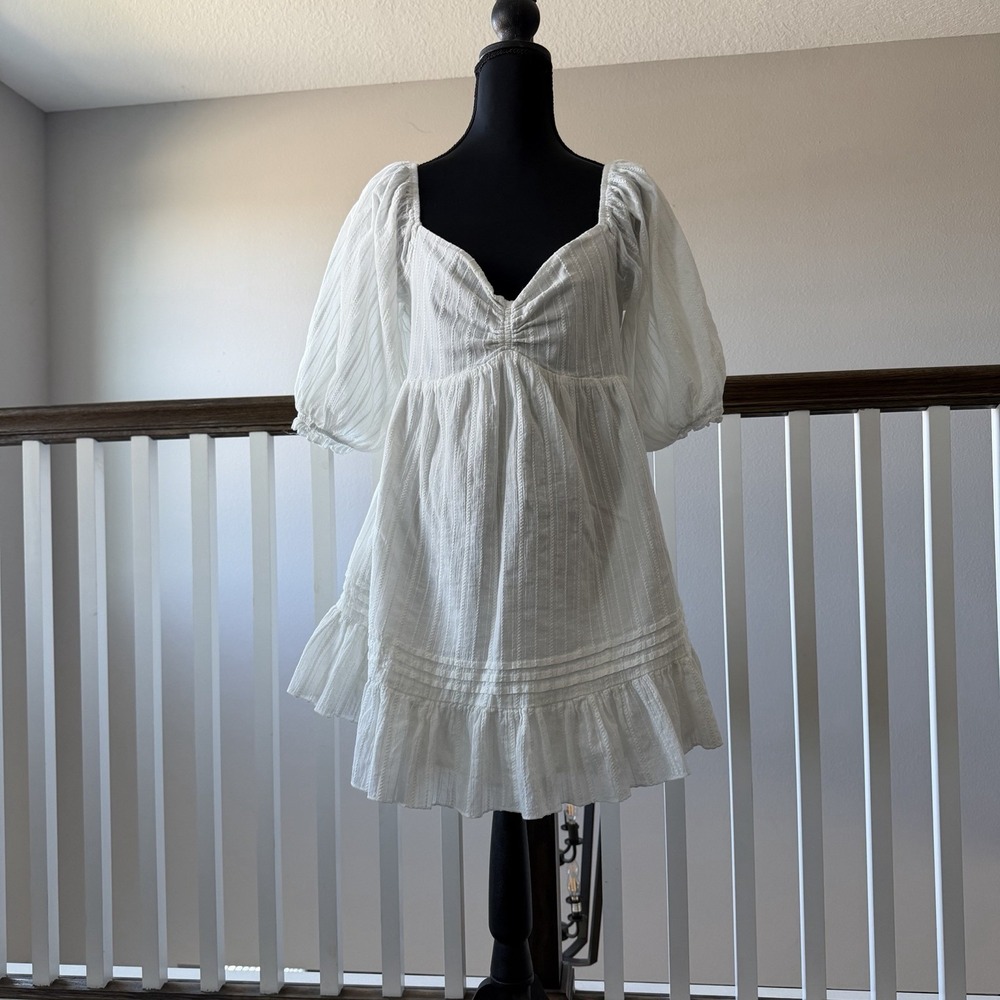 MABLE White Cotton Puff Sleeve Ruffle Babydoll‎ Mini Dress Sz L Coquette Cottage